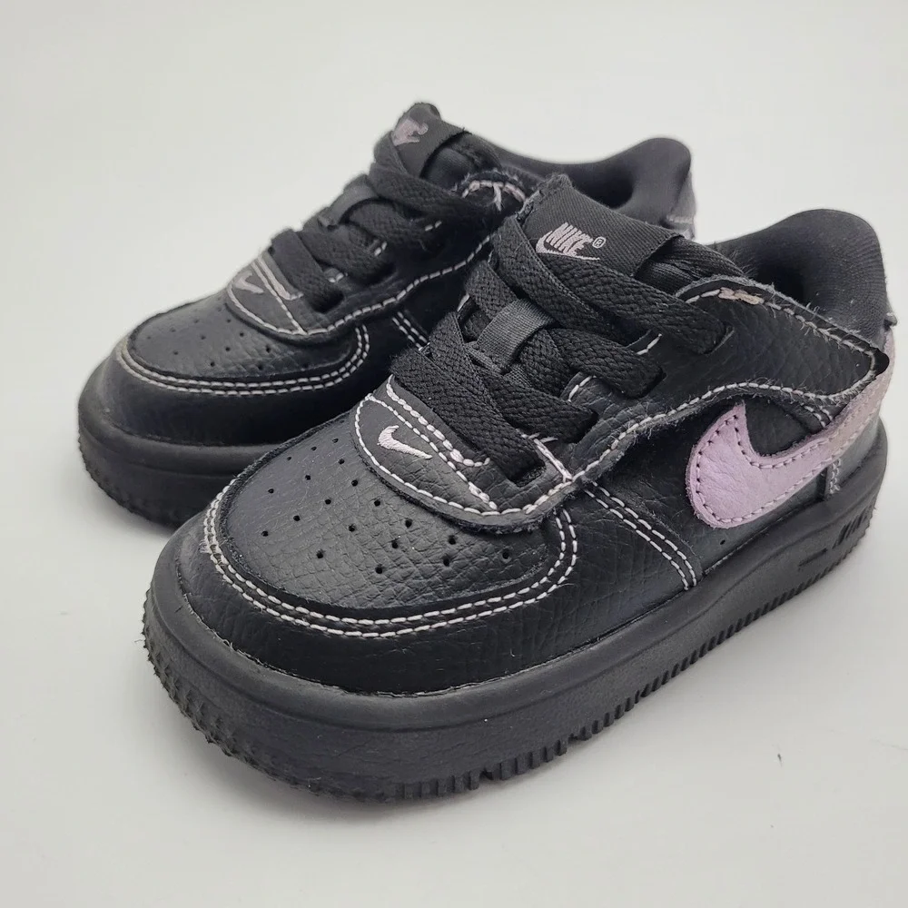 Nike Air Force 1 Baby 6C Black Purple Leather Hook & Loop Low Top HJ6764-001